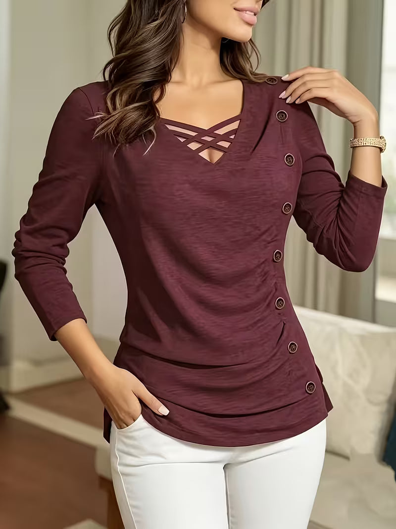 Keziana | Top V-Neck Crisscross Long Sleeve Button