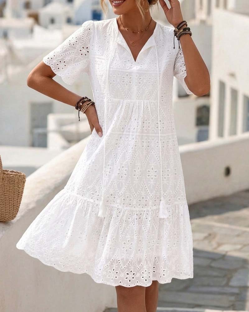 Aphinya | Eyelet V-Neck Short Sleeve Dress