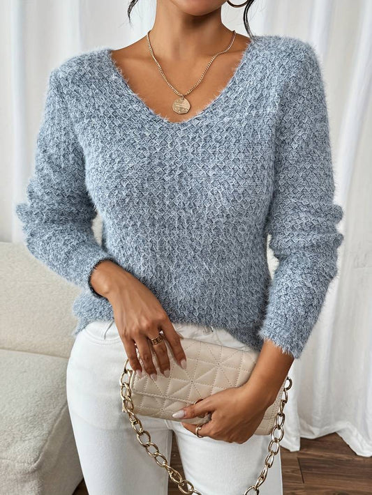 Aderah | Textured V-Neck Long Sleeve Knit Sweater