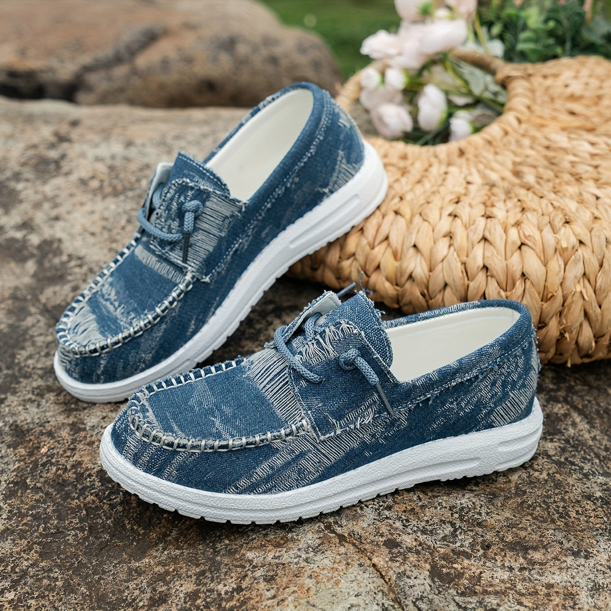 Astretira | Lace-Up Flat Sneakers with Denim-Style Design