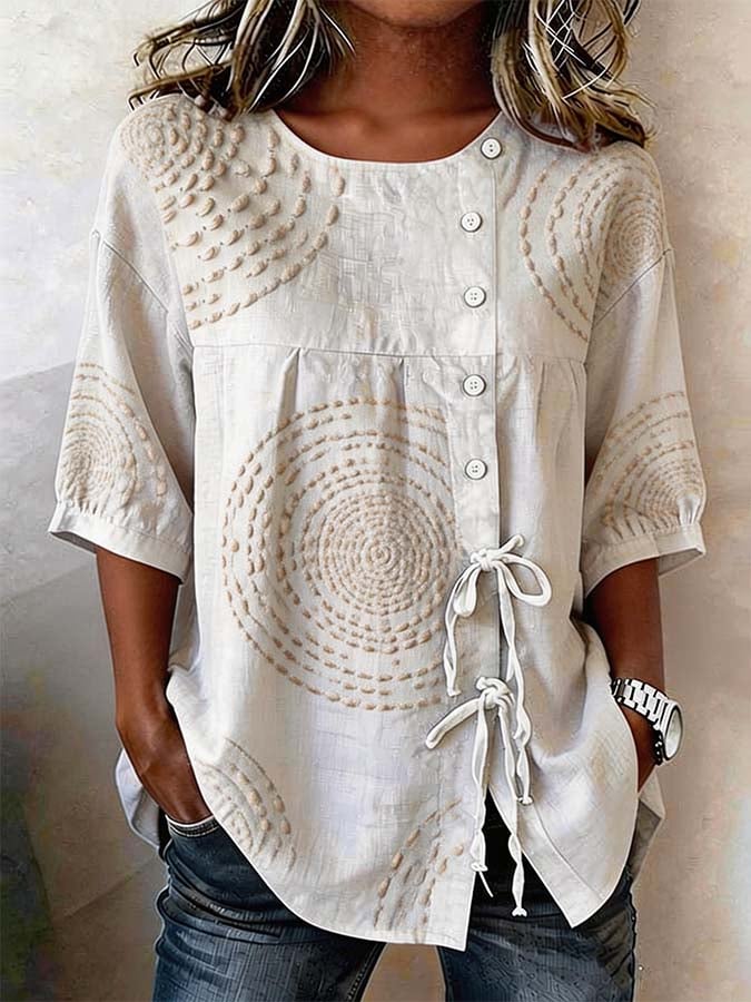 Hydda | Textured Embroidery Linen Button Blouse Women