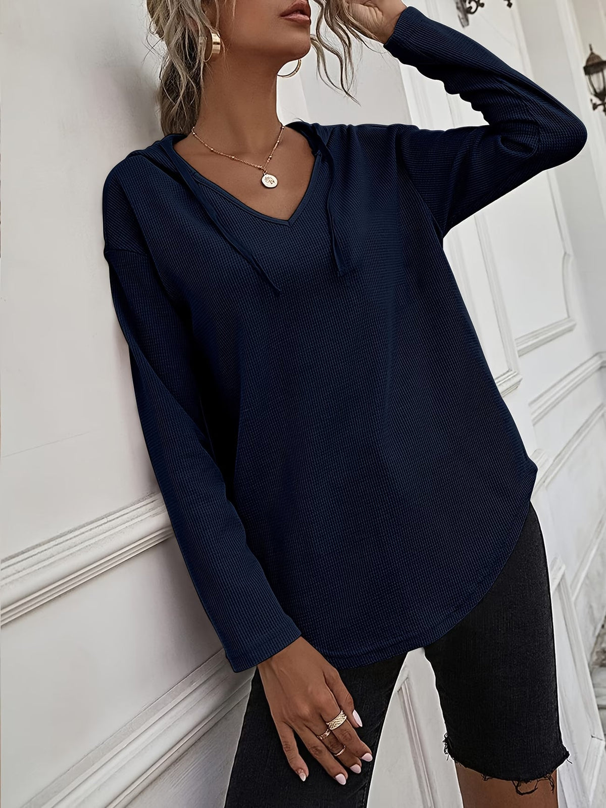 Laurette | Long Sleeve V-Neck Hoodie with Hood