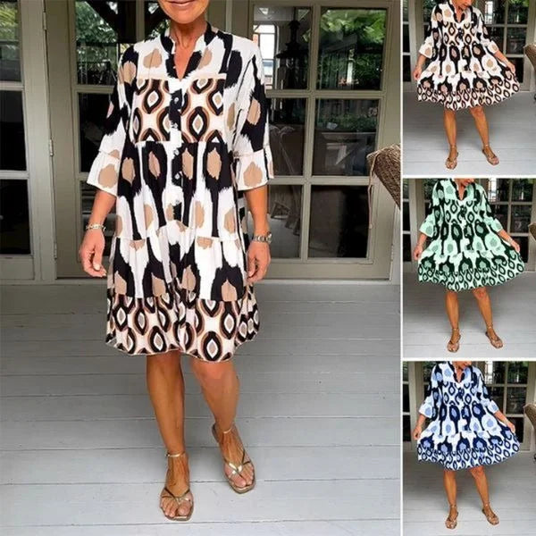 kinza | Printed V Neck Button Front Dress