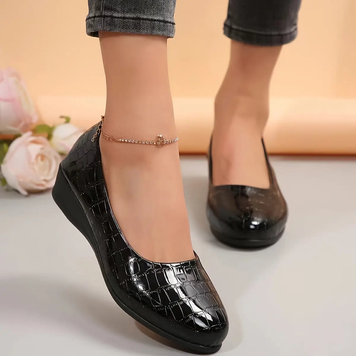 Rebekah - Wedge Slip On Crocodile Pattern Flats
