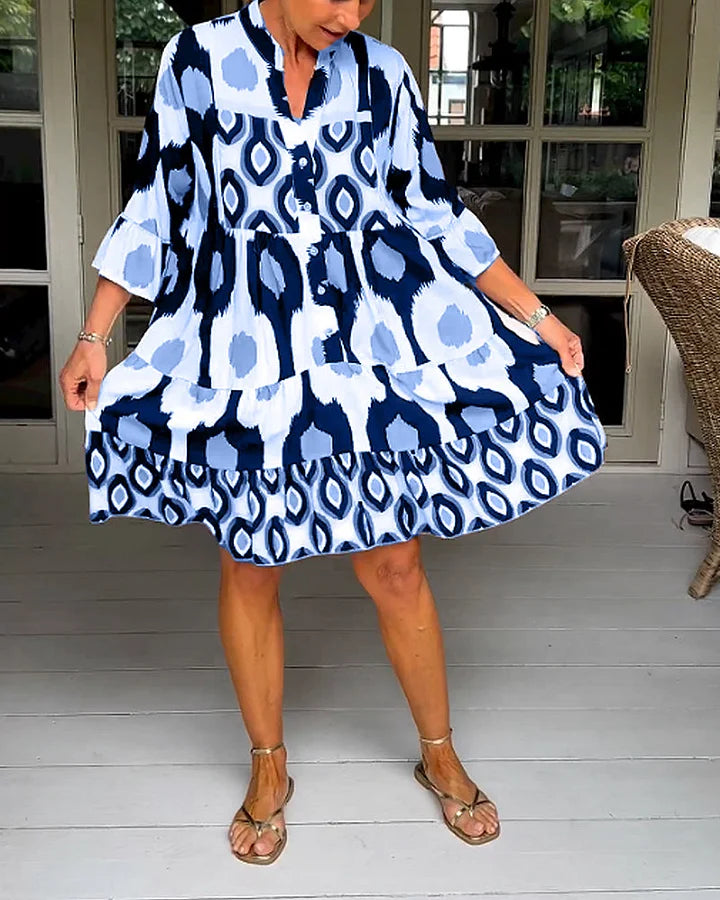 kinza | Printed V Neck Button Front Dress
