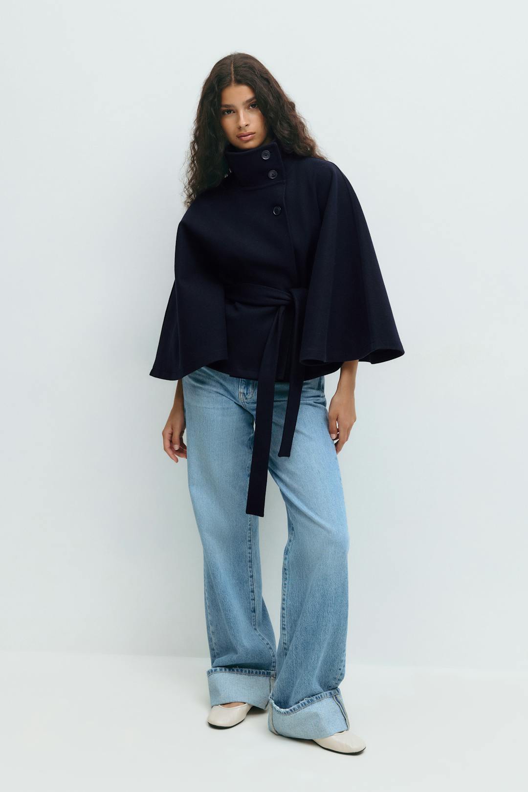 Carole | Cape Stand Collar Belted Button Front