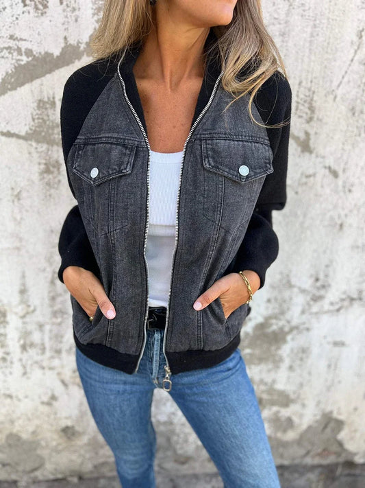 Hantika - Denim Panel Zip Up Jacket Contrast Sleeves