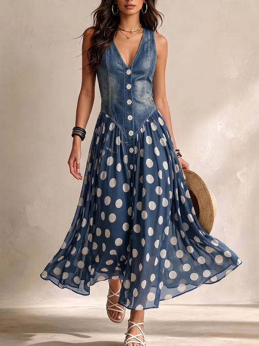 Vylina | Dress Sleeveless Denim Polka Dot Chiffon Maxi