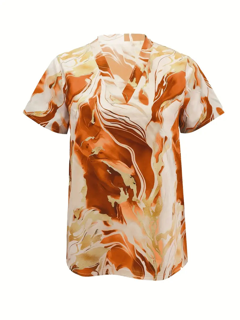 Maroula - Marble Print V Neck Short Sleeve Blouse