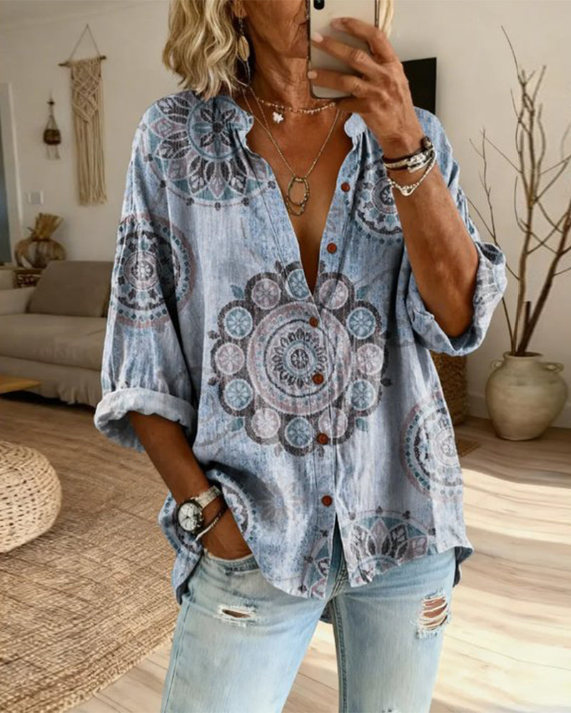 Nirita - Mandala Print Button Front Long Sleeve Shirt