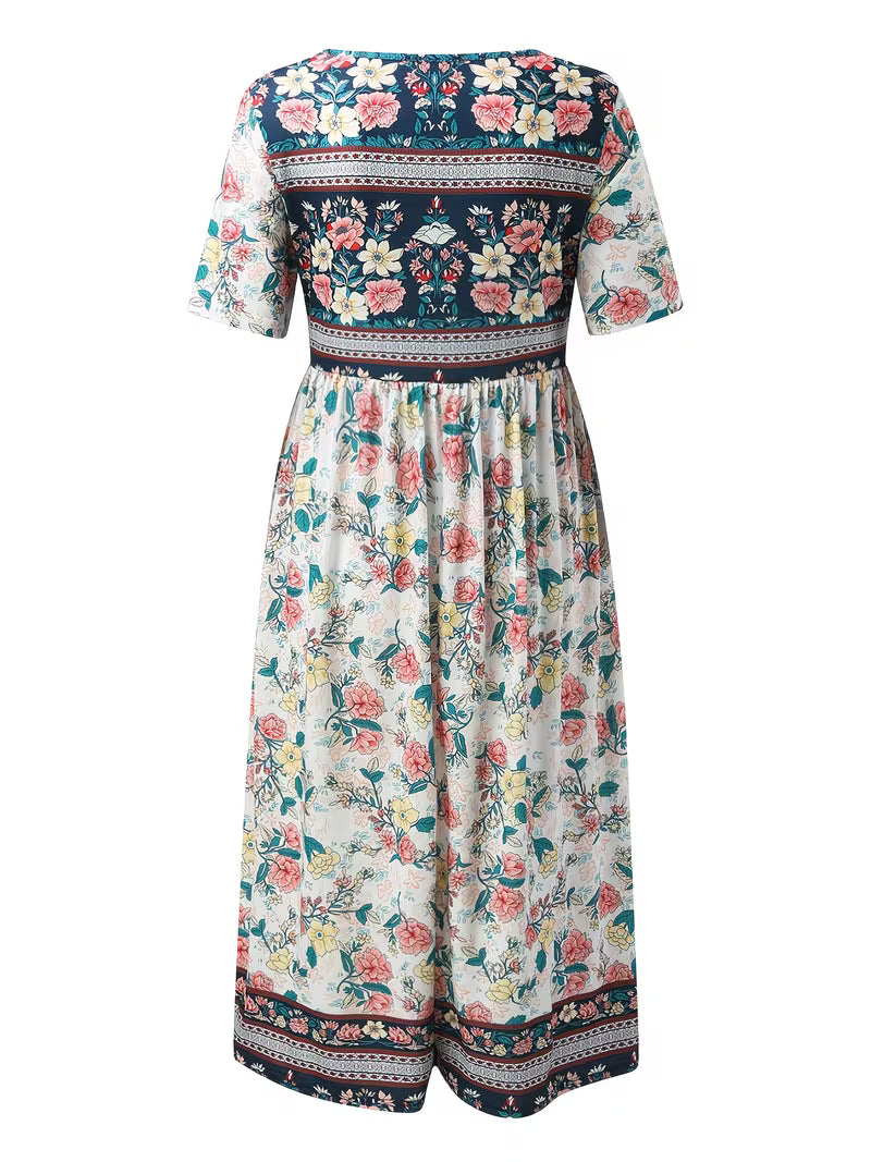 Lisan | Floral Print V-Neck Short Sleeve Midi Dress