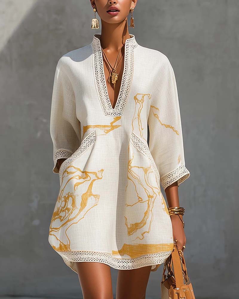 Soeun | V-Neck Printed Tunic Mini Dress