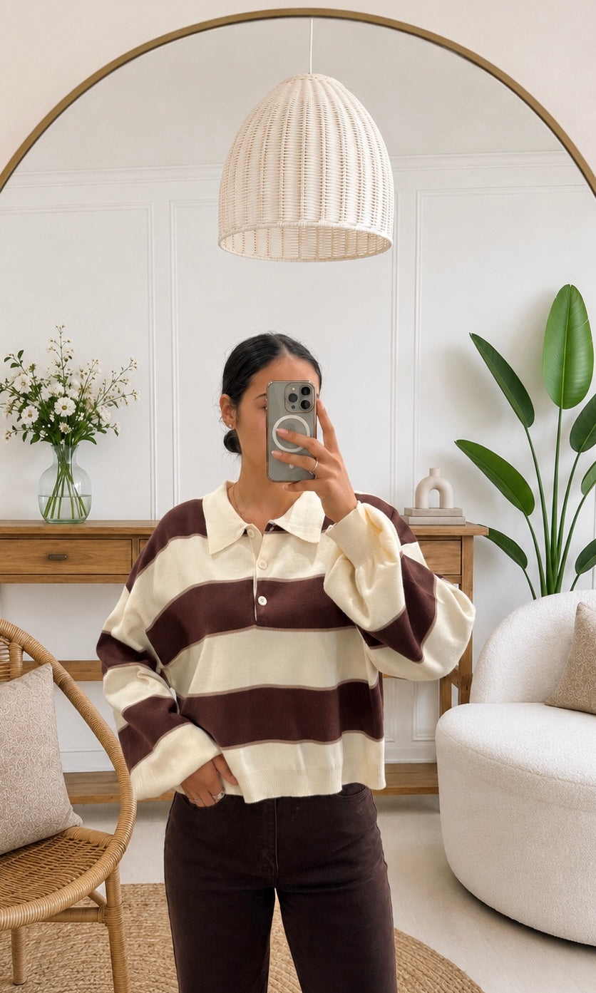 Fatime | Striped Long Sleeve Collared Knit Pullover