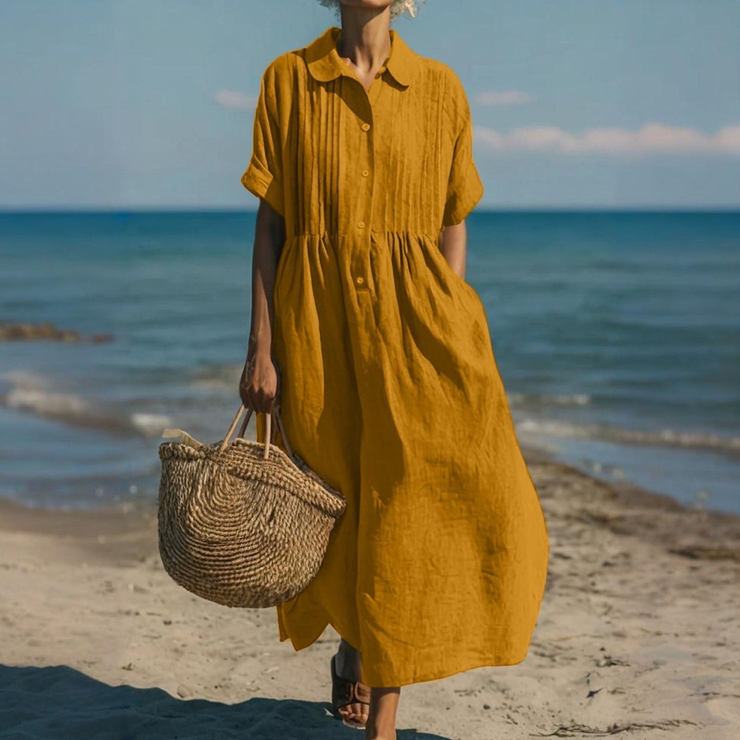 Janny - Short Sleeve Loose Midi Shirt Dress