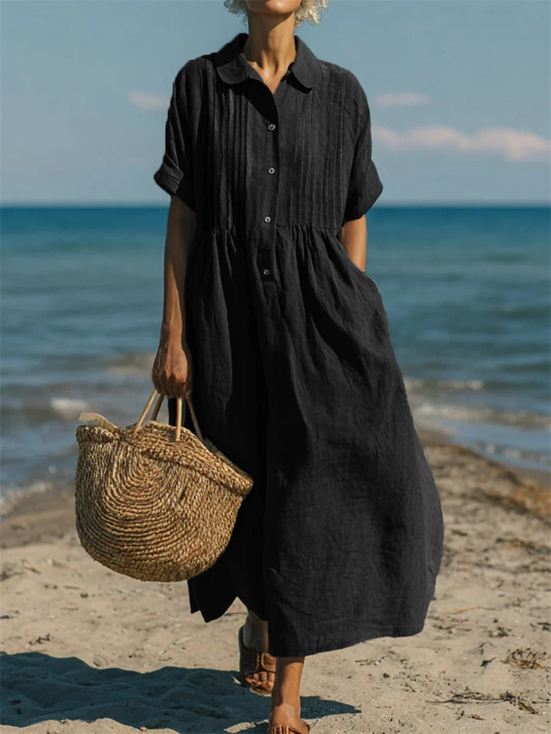 Janny - Short Sleeve Loose Midi Shirt Dress