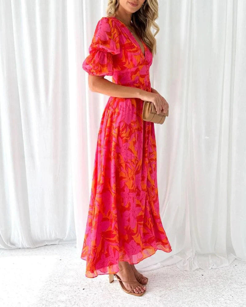 Derana | Floral V-Neck Puff Sleeve Maxi Dress