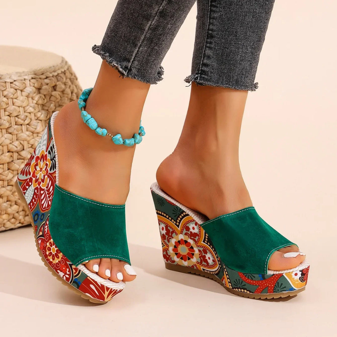 Laerke - Floral Print Platform Wedge Slide Sandals