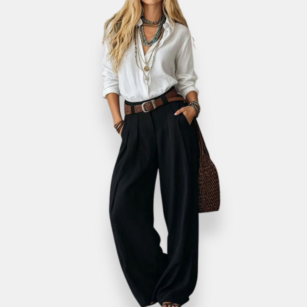 Orable | Shirt Pant Set Wide Leg Pleated