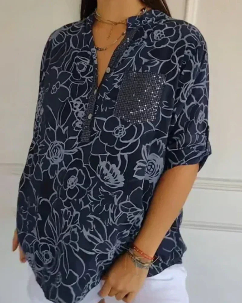 Narese | Blouse Floral Print V-Neck Roll Sleeve