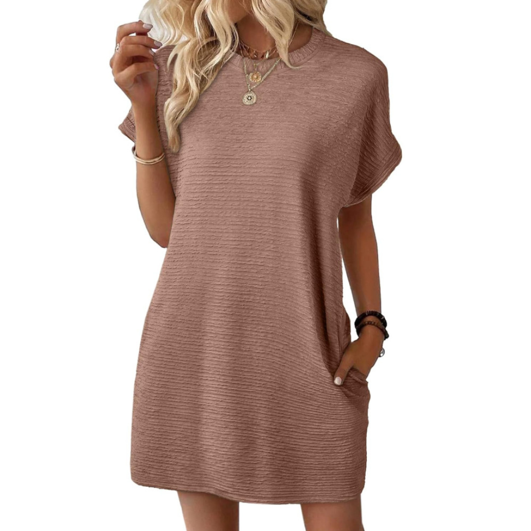 Elviaa - Textured Pocket Mini Dress Short Sleeve