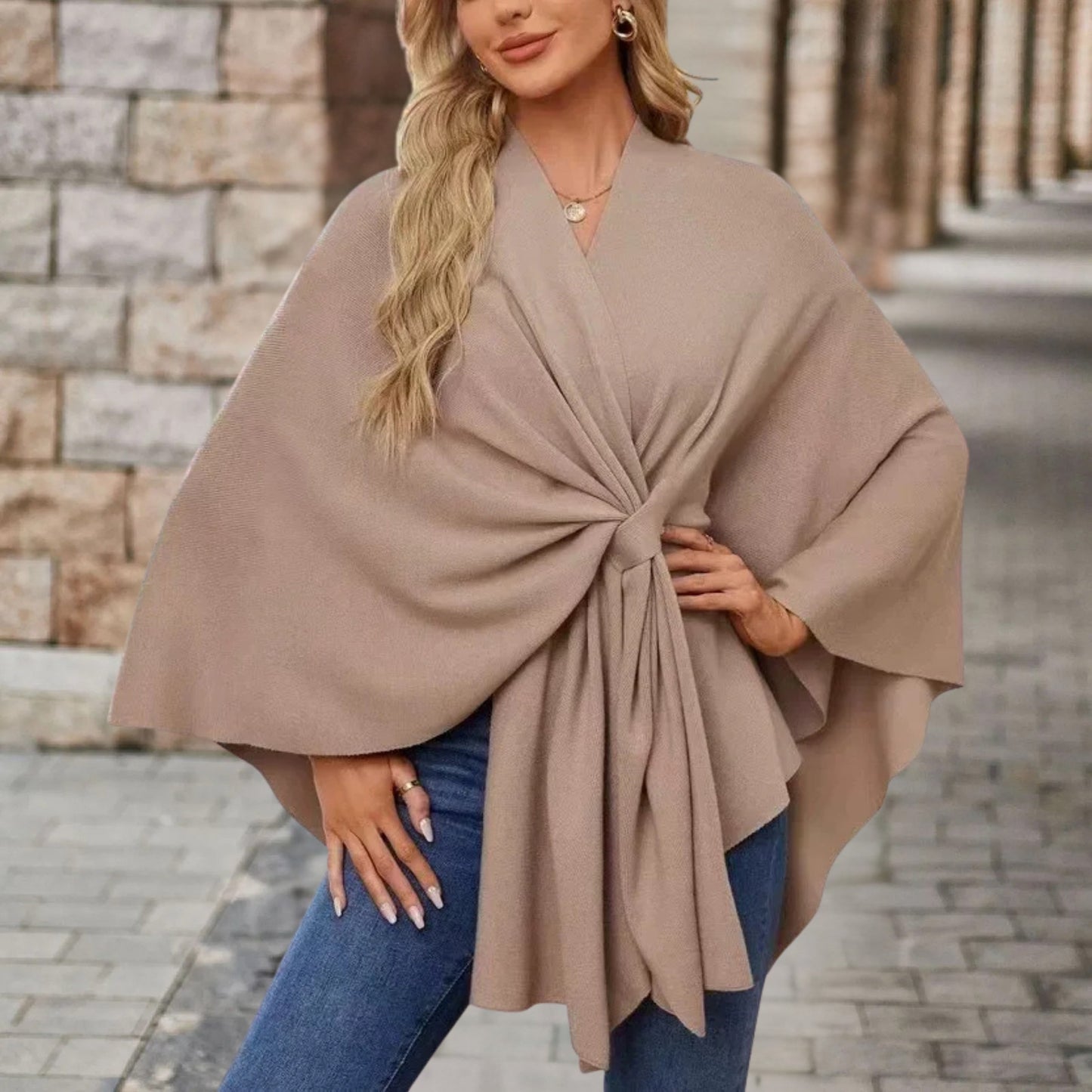 Helin | V-Neck Knotted Front Wrap Poncho