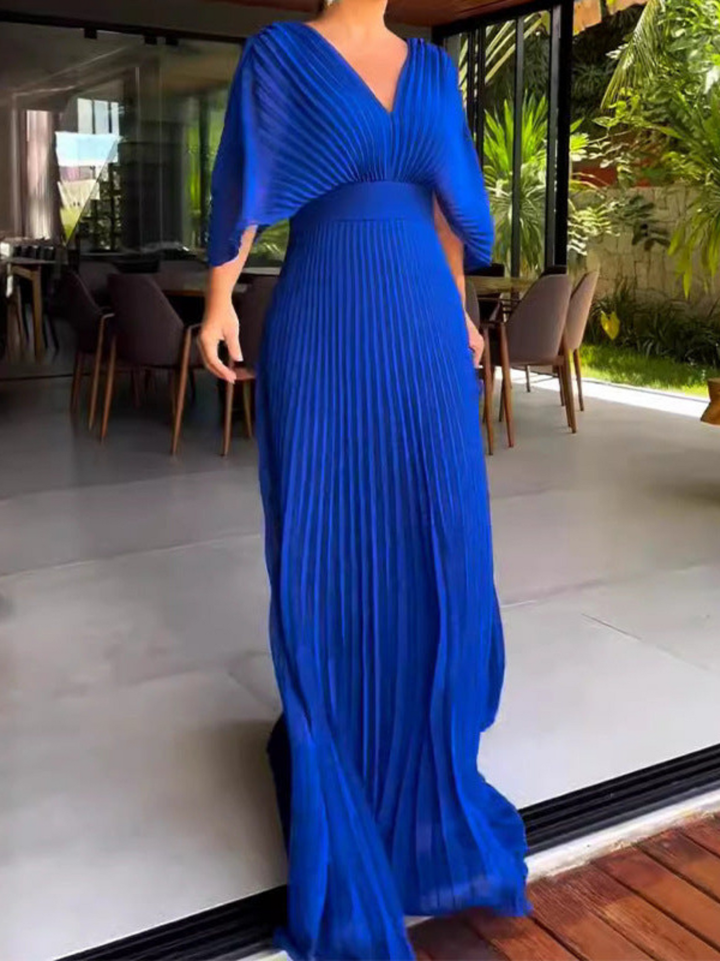 Valerija - Pleated V Neck Maxi Dress Short Sleeve