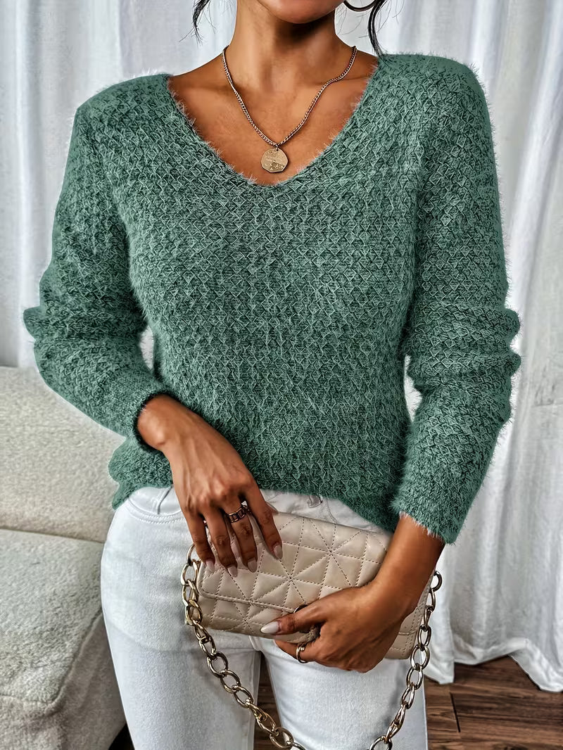 Aderah | Textured V-Neck Long Sleeve Knit Sweater