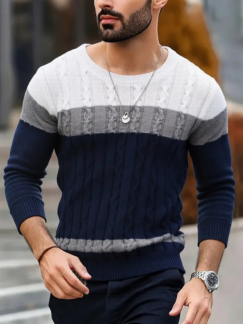 Watkins | Color Block Cable Knit Crewneck Sweater