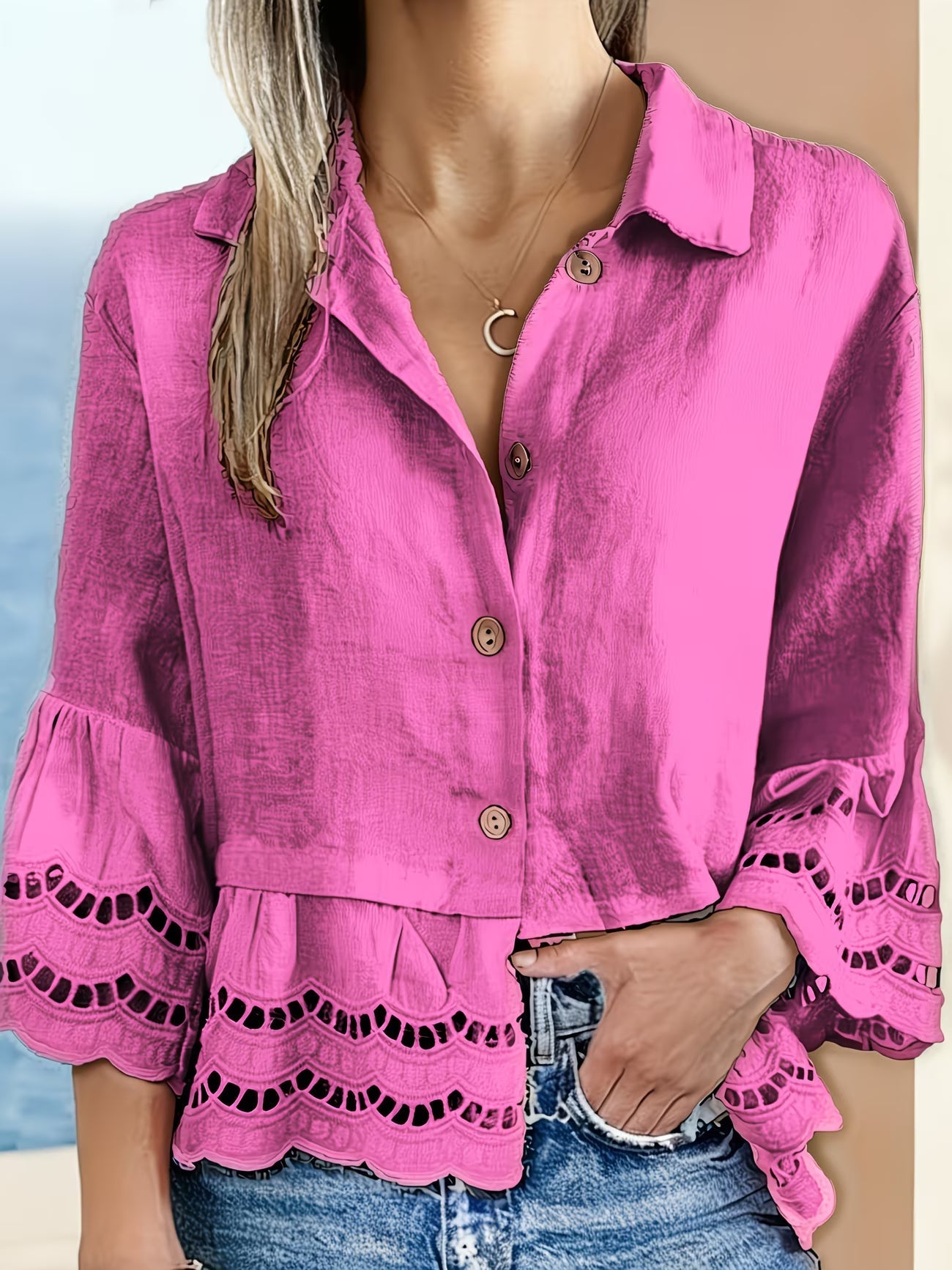 Solenn | Long Sleeve Ruffle Hem Button Blouse