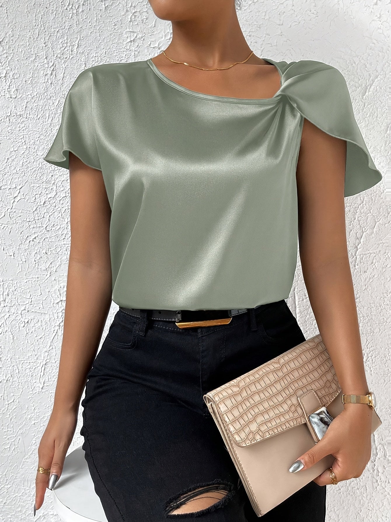 Loretta | Blouse Satin Look Draped Short Sleeve Top