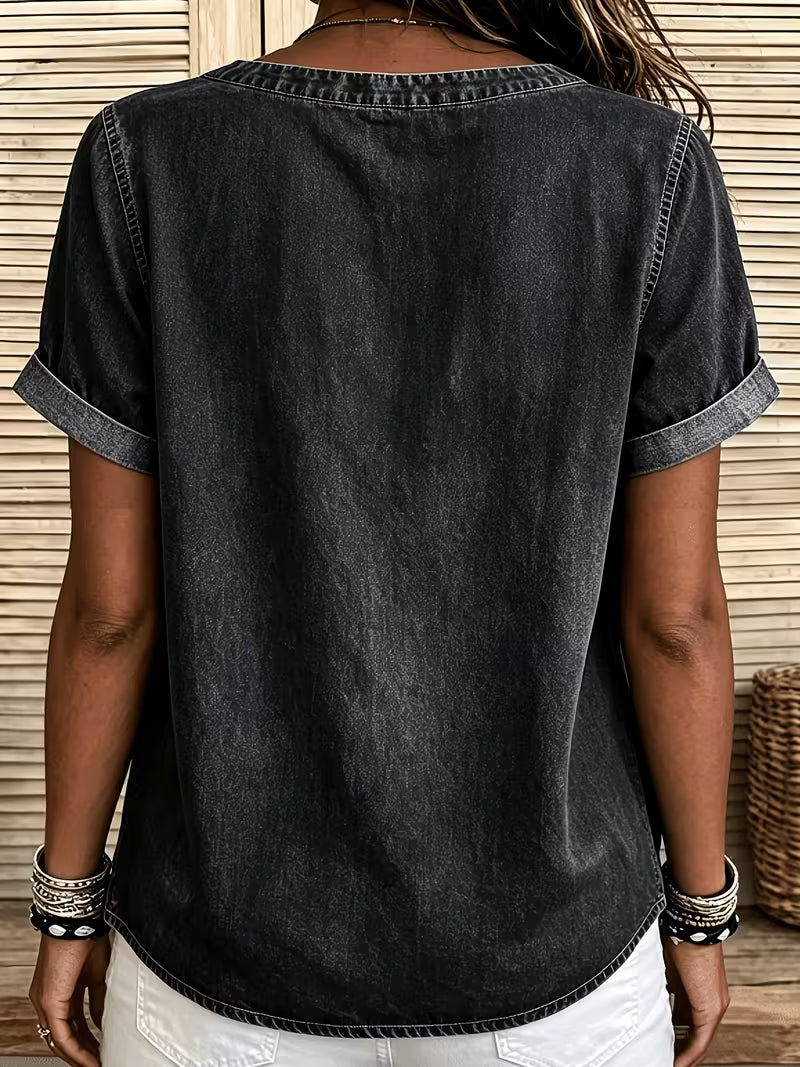 Ferina | Distressed Denim Look Short Sleeve Top