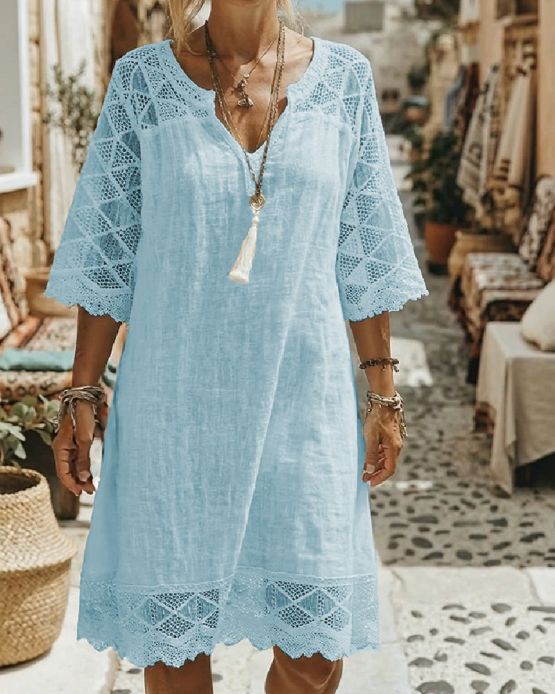 Kilina | V Neck Lace Trim Midi Dress