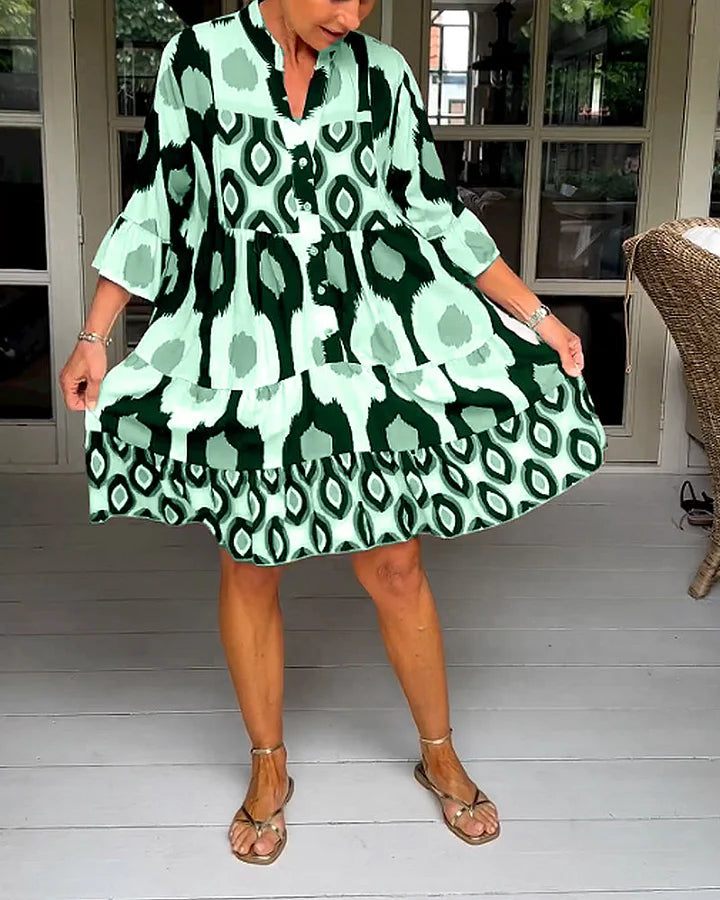 kinza | Printed V Neck Button Front Dress