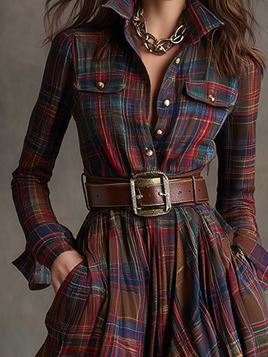 Hadasa | Plaid Collared Long Sleeve Maxi Dress