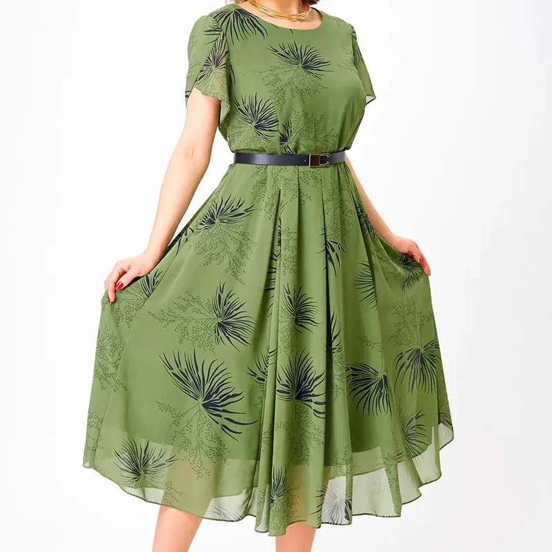 Basma | Leaf Print Short Sleeve Midi Dress