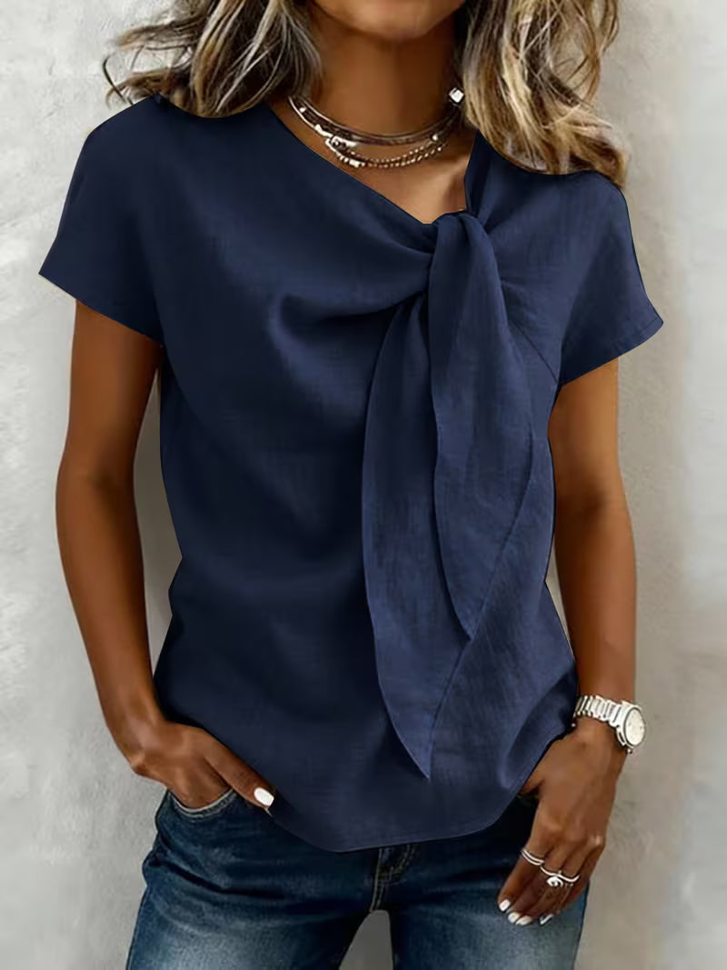 Jovea | Draped Tie-Neck Short Sleeve Top