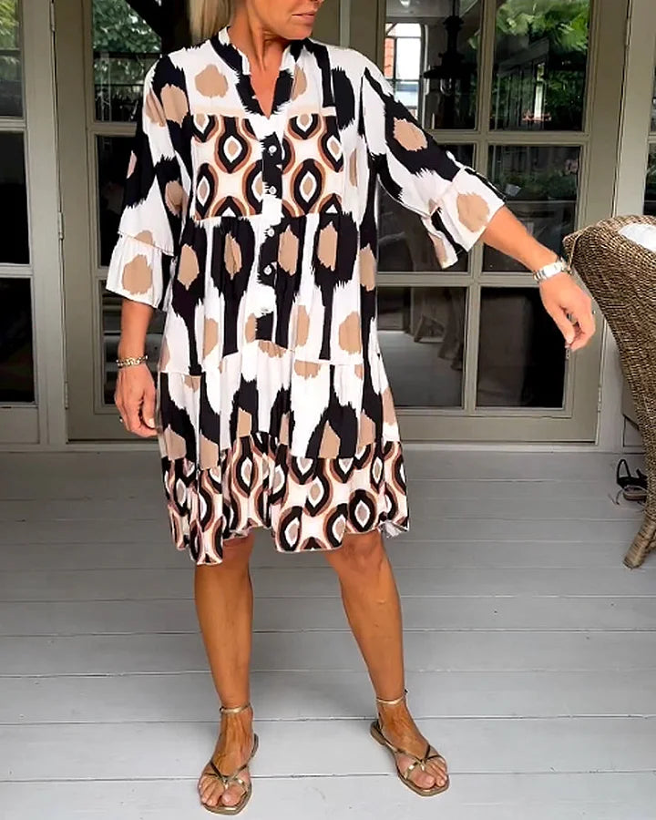 kinza | Printed V Neck Button Front Dress