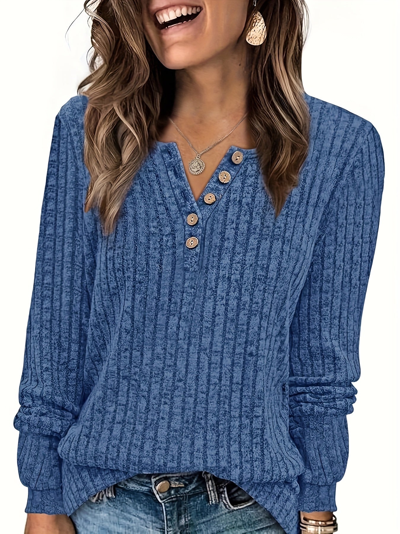 Roweelle | Ribbed Long Sleeve Button Henley Top