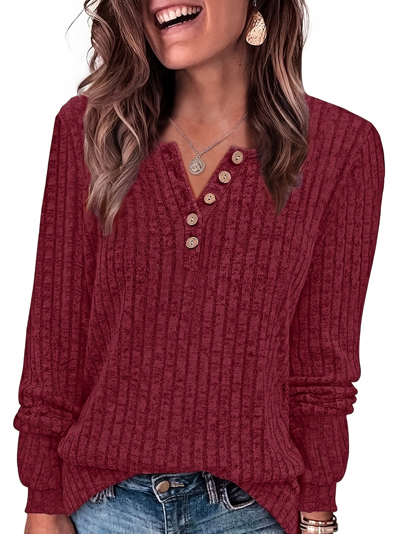 Roweelle | Ribbed Long Sleeve Button Henley Top