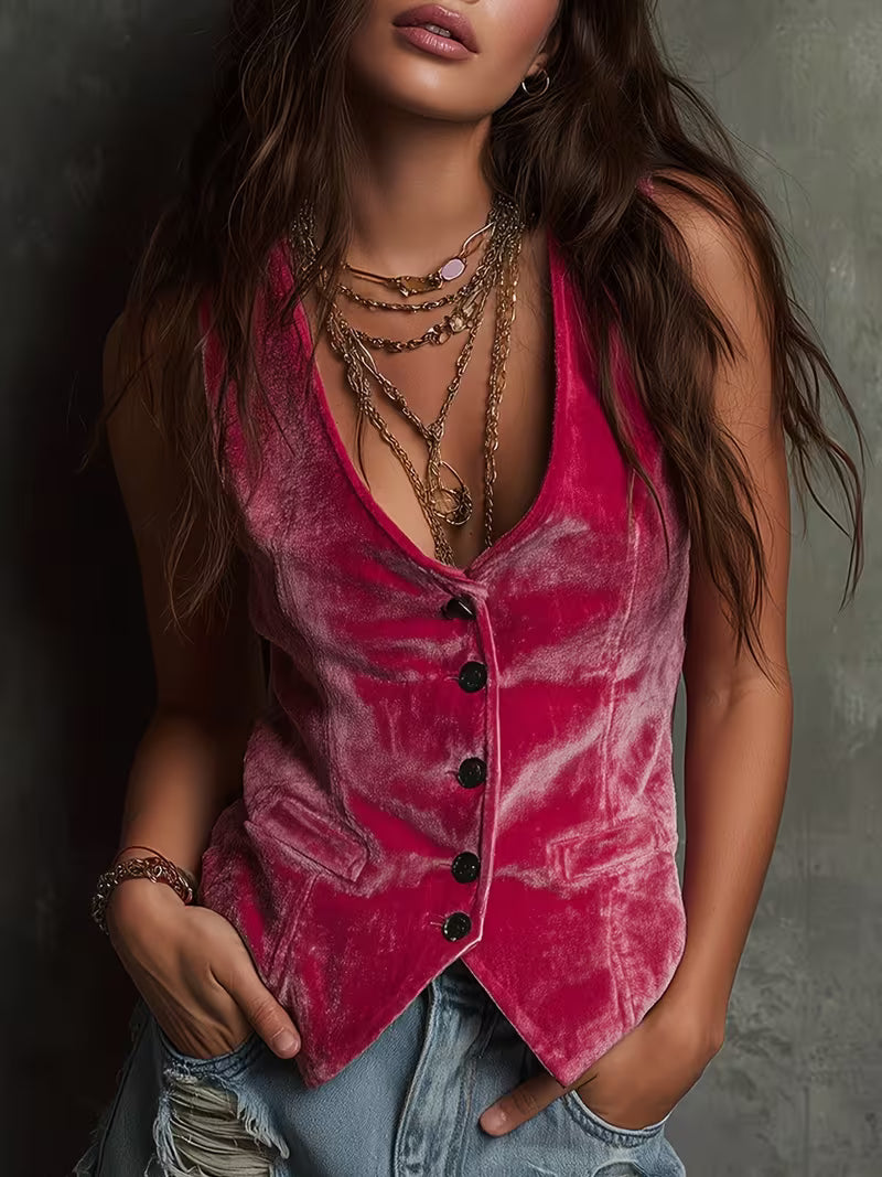 Silje | Sleeveless Velvet-Style Button Front Vest Top