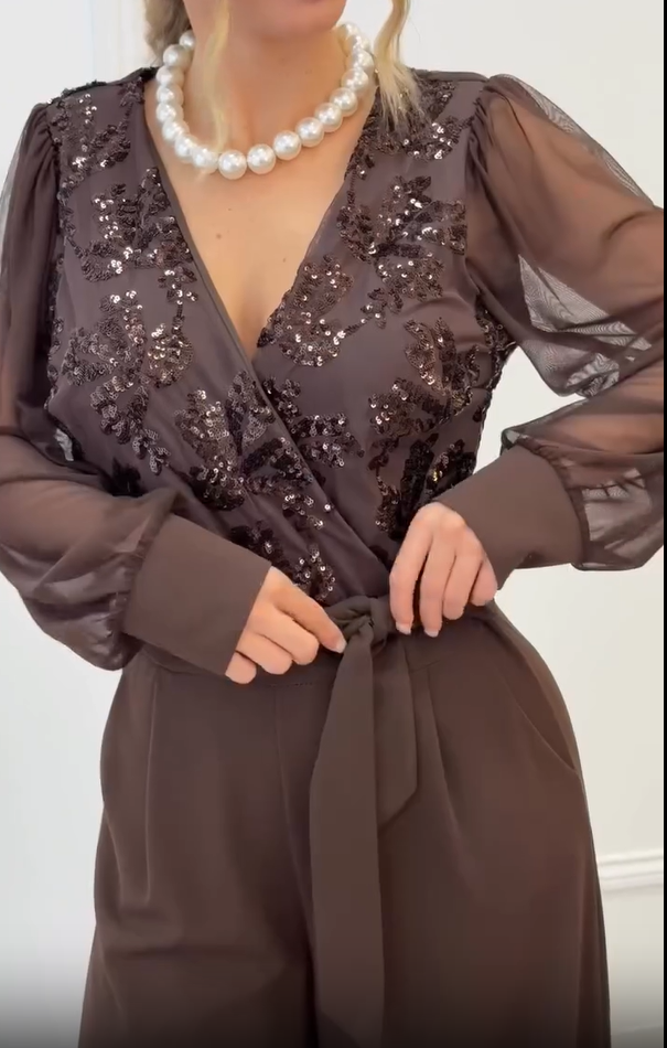 Meira - Embellished Mesh Sleeve Wide Leg Jumpsuit