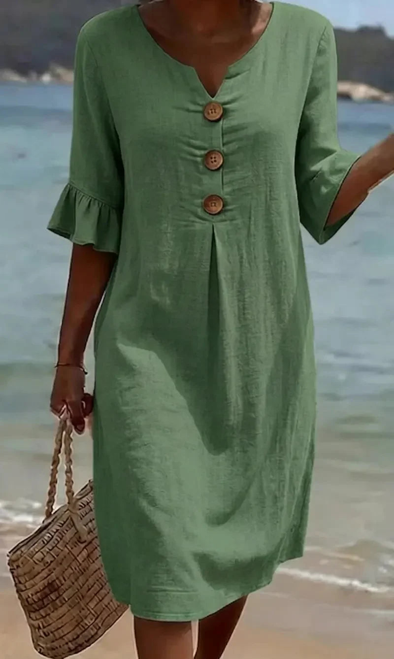 Mlaina - Button Front Ruffle Sleeve Midi Dress