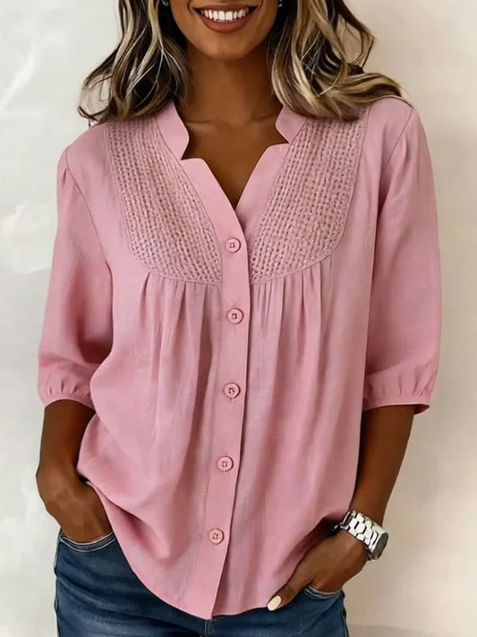 Laadina | Crochet Yoke Linen Button-Up Blouse