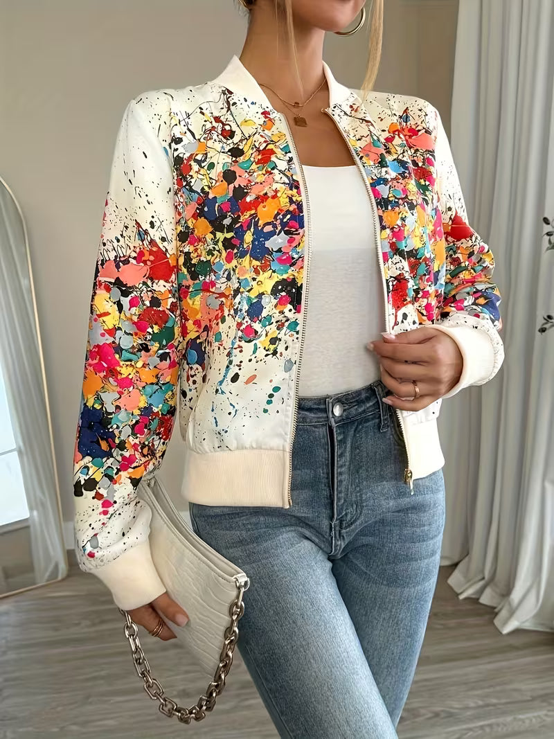 Deloova | Abstract Print Bomber Jacket with Zip Front