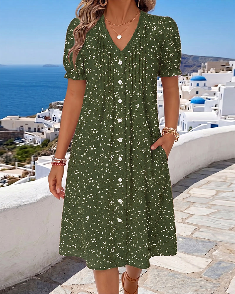 Dayma | Printed V Neck Button Front Dress