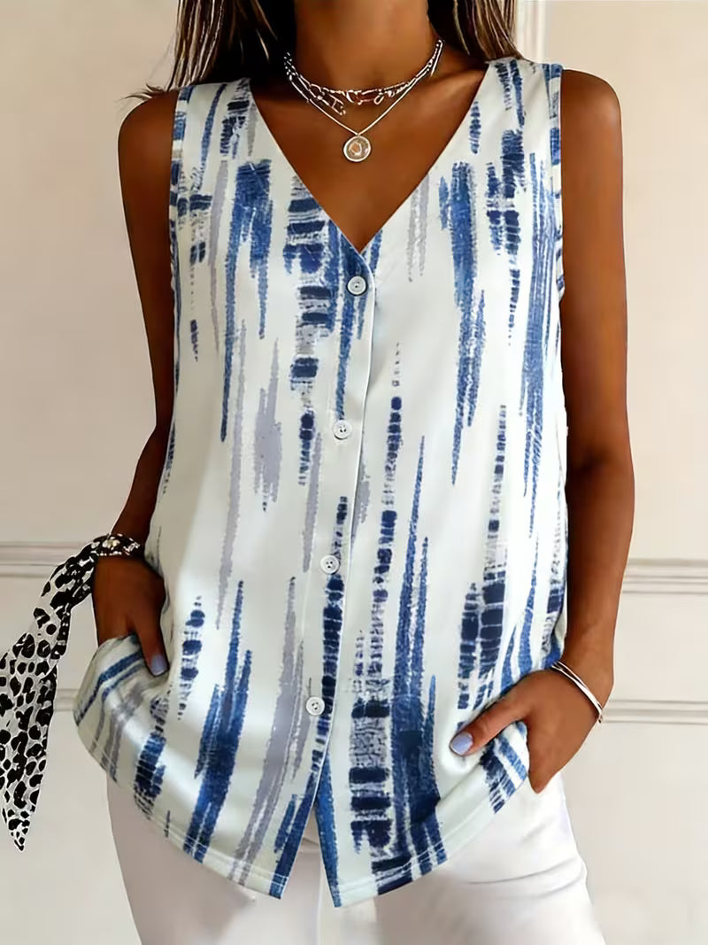 Corinaa | Sleeveless V Neck Printed Button Blouse