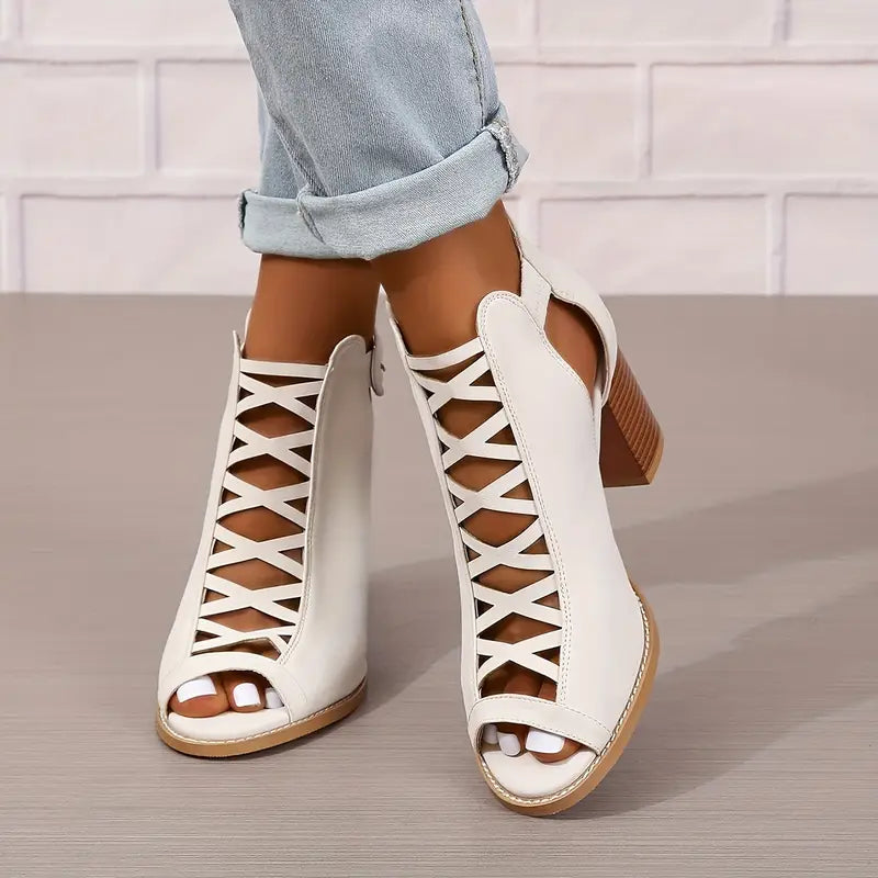 Ruzilya | Peep Toe Lace-Up Chunky Heel Sandals