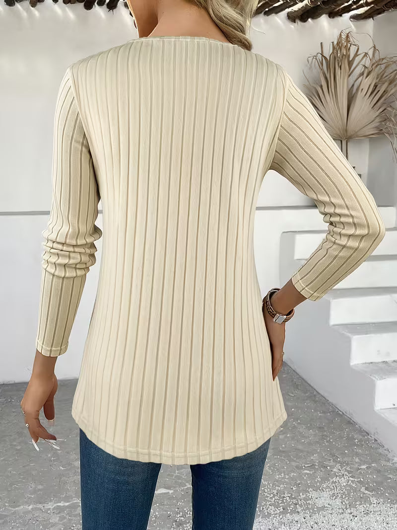 Florilitha | Ribbed Long Sleeve Printed Button Detail Top