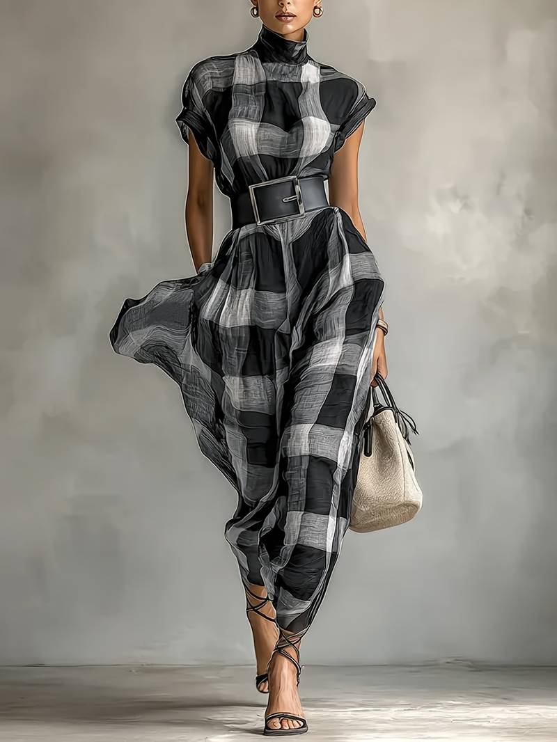 Nethara | Plaid High Neck Belted Maxi Dress