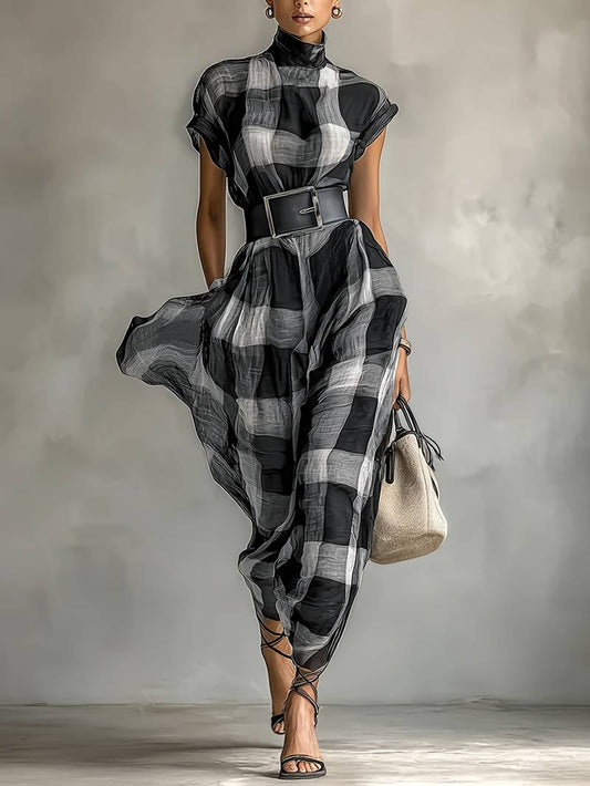 Nethara | Plaid High Neck Belted Maxi Dress